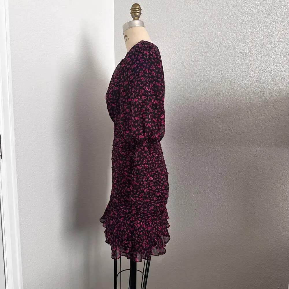 ASTR The Label Claremore Ruched Mini Dress Black Magenta Floral Long Sleeve - Picture 4 of 9